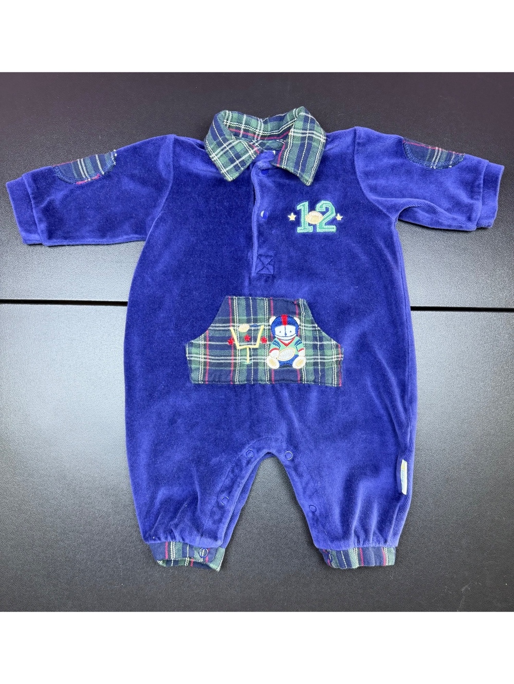 Y2K 90s Little Me Baby 3M Blue Velour Football Romper Plaid Teddy Bear